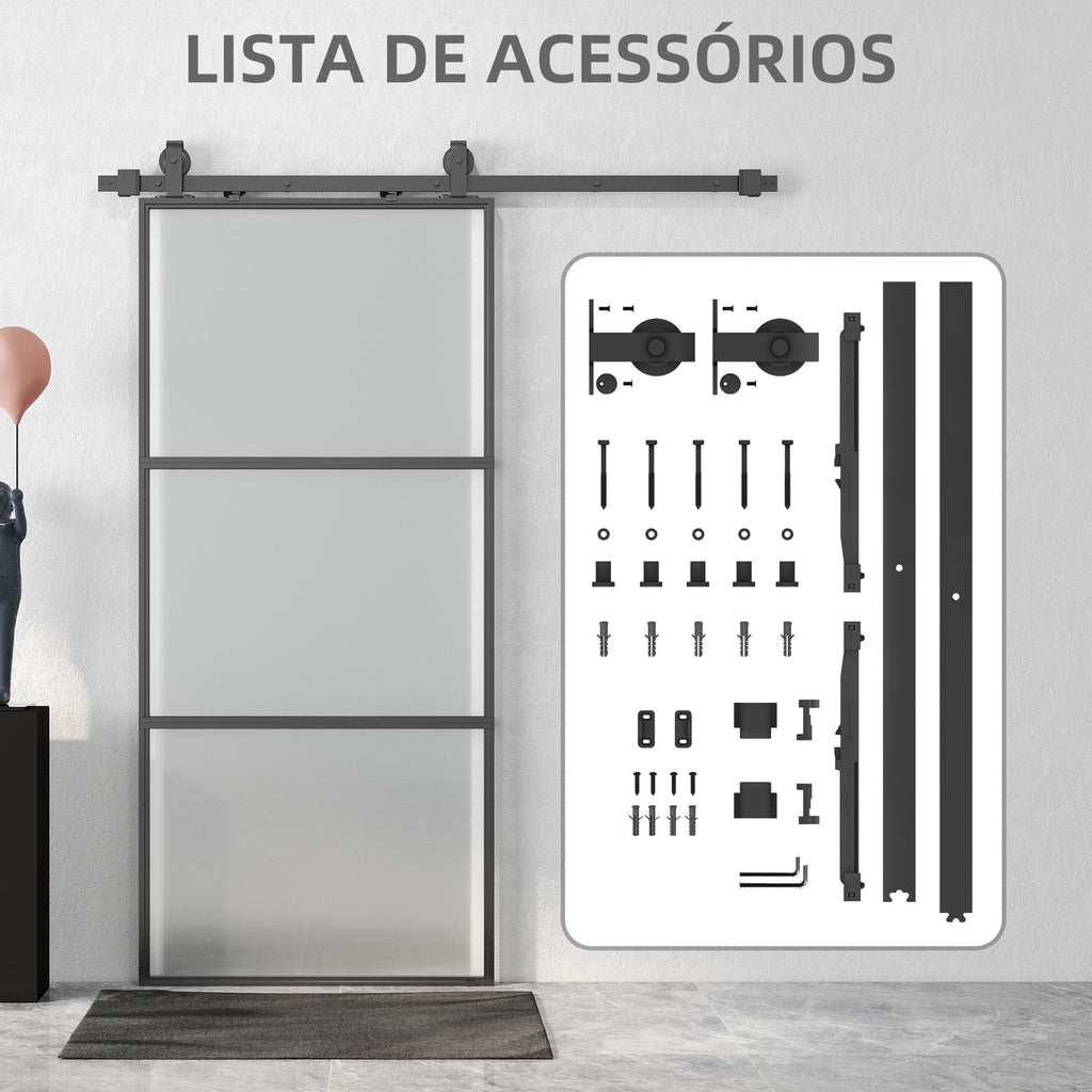 Porta de Correr com Acessórios Porta de Correr de Vidro com Mecanismo de Fecho Suave para Casa de Banho Sala de Estar Cozinha 91,4x203,2 cm Preto — foto 7