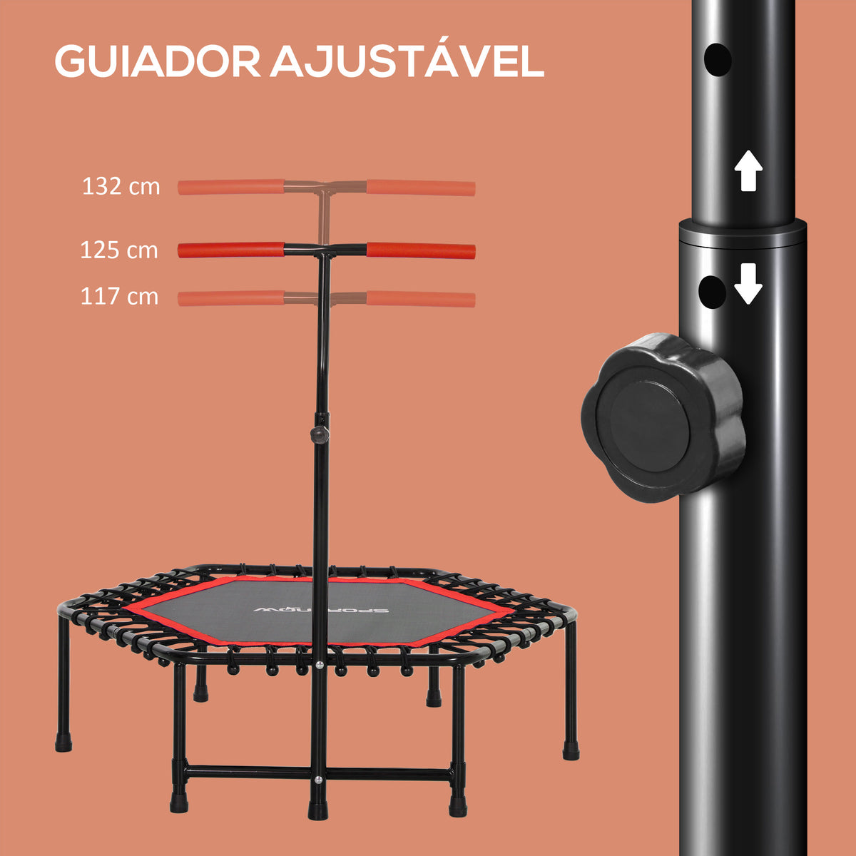 Trampolim Fitness 114x114x132 cm Trampolim Fitness com Guiador Ajustável em 3 Níveis Estrutura de Aço para Treino de Perna Corpo em Casa Escritório Ginásio Vermelho — foto 4