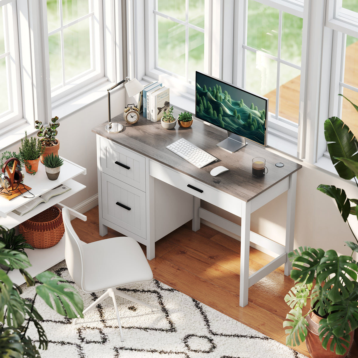 Secretária Rústica 120x50 cm Mesa de Secretária com 3 Gavetas e Bancada com Efeito Madeira Mesa para Computador para Estudo Escritório em Casa Branco — foto 2
