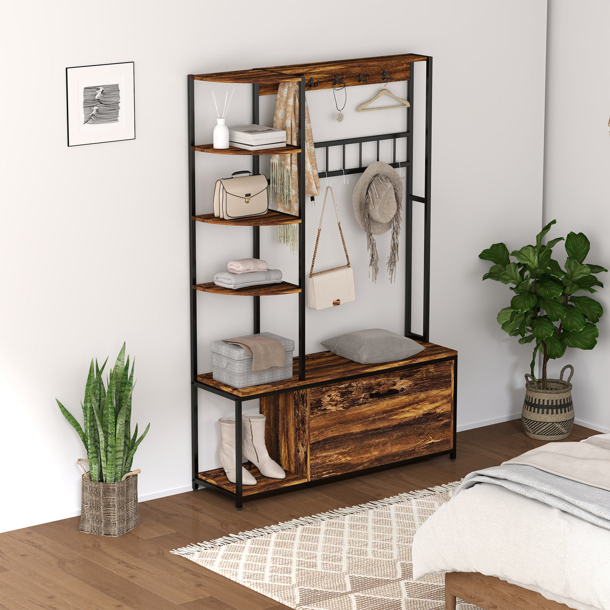 Móvel Cabide de Entrada com Sapateira Móvel de Entrada 4 em 1 com Banco Sapateira Prateleiras Ganchos Compartimento e Sistema Anti-Tombo para Corredor Dormitório 120x35x180 cm Marrom Escuro — foto 7