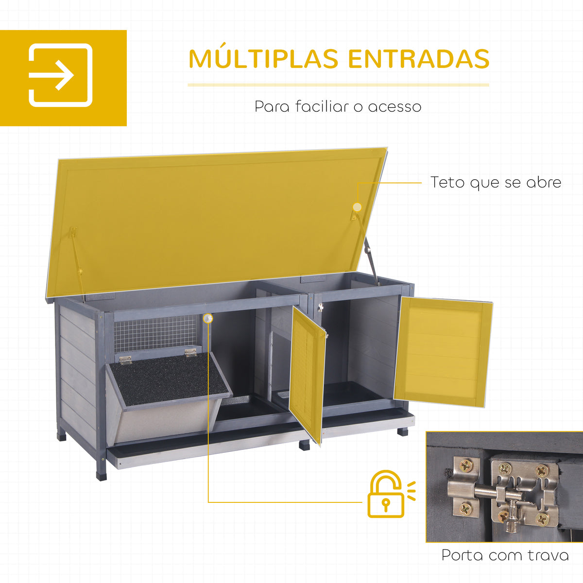 Coelheira de Madeira Gaiola para Coelhos com Telhado Asfáltico Rebatível Portas com Fecho Bandejas Removíveis e Comedouro Coelheira para Exterior 112x50x54 cm Cinzento — foto 5