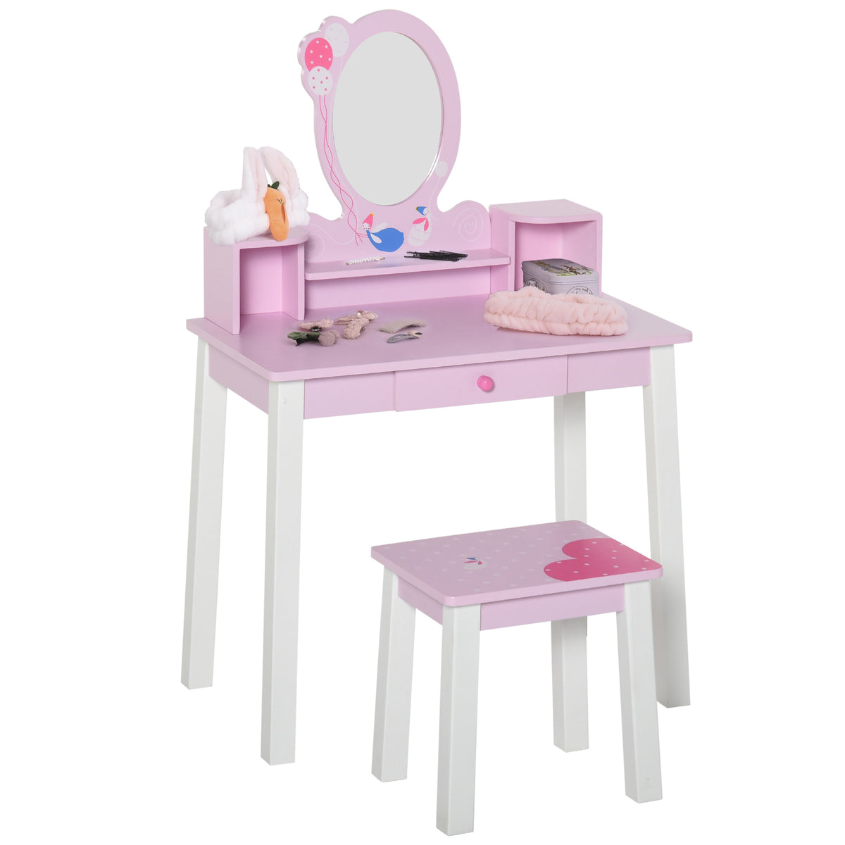 Penteadeira Infantil com Banco e Espelho Tipo Princesa Mesa de Maquilhagem de Madeira Rosa Brinquedo para Meninas 3+ Anos 60x34x93 cm — foto 1