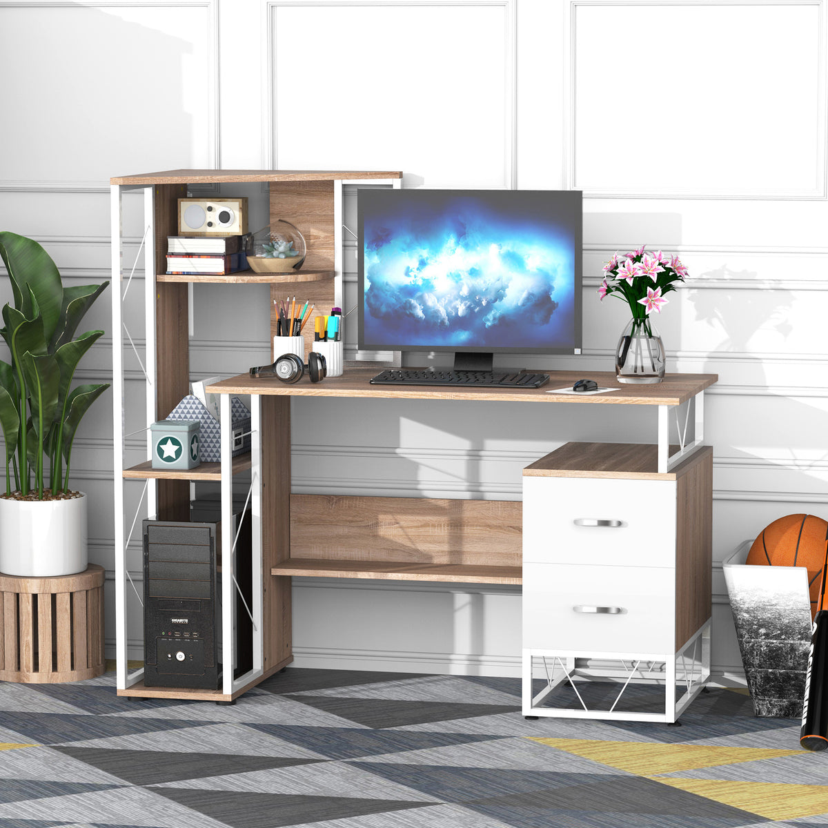 Secretária para Escritório oficina quarto com Prateleiras 133x55x123cm Madeira e Branco — foto 2