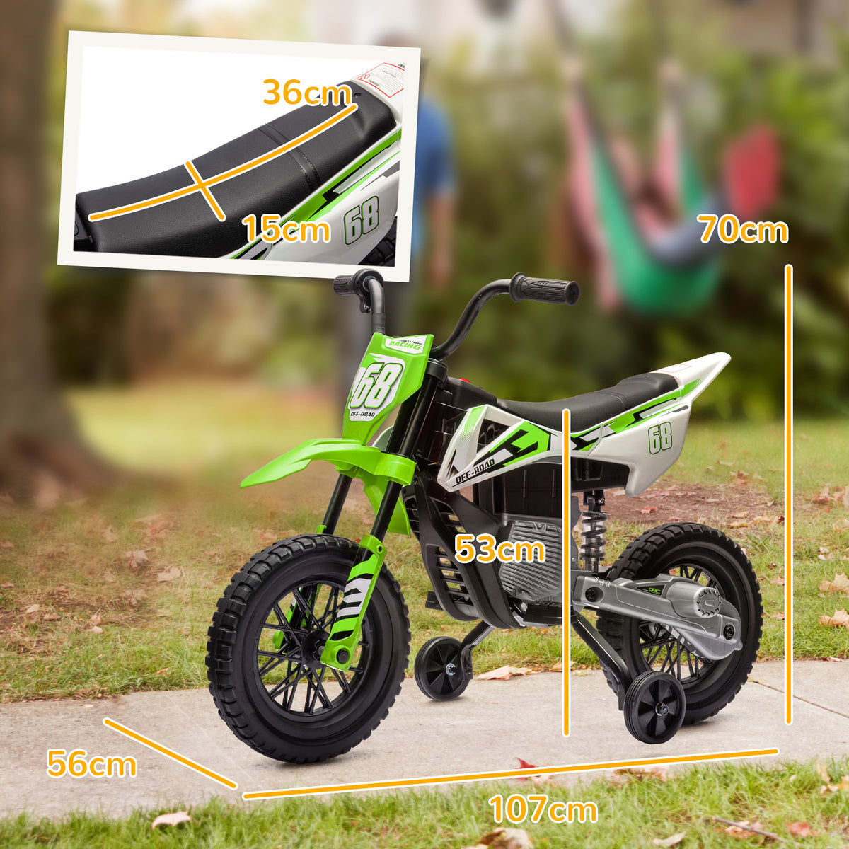 Mota Elétrica para Crianças de +3 Anos Mota Elétrica Infantil com Bateria 12V Música Velocidade 2,4-5 km/h e Rodas Auxiliares Removíveis Carga 30 kg 107x56x70 cm Verde — foto 3