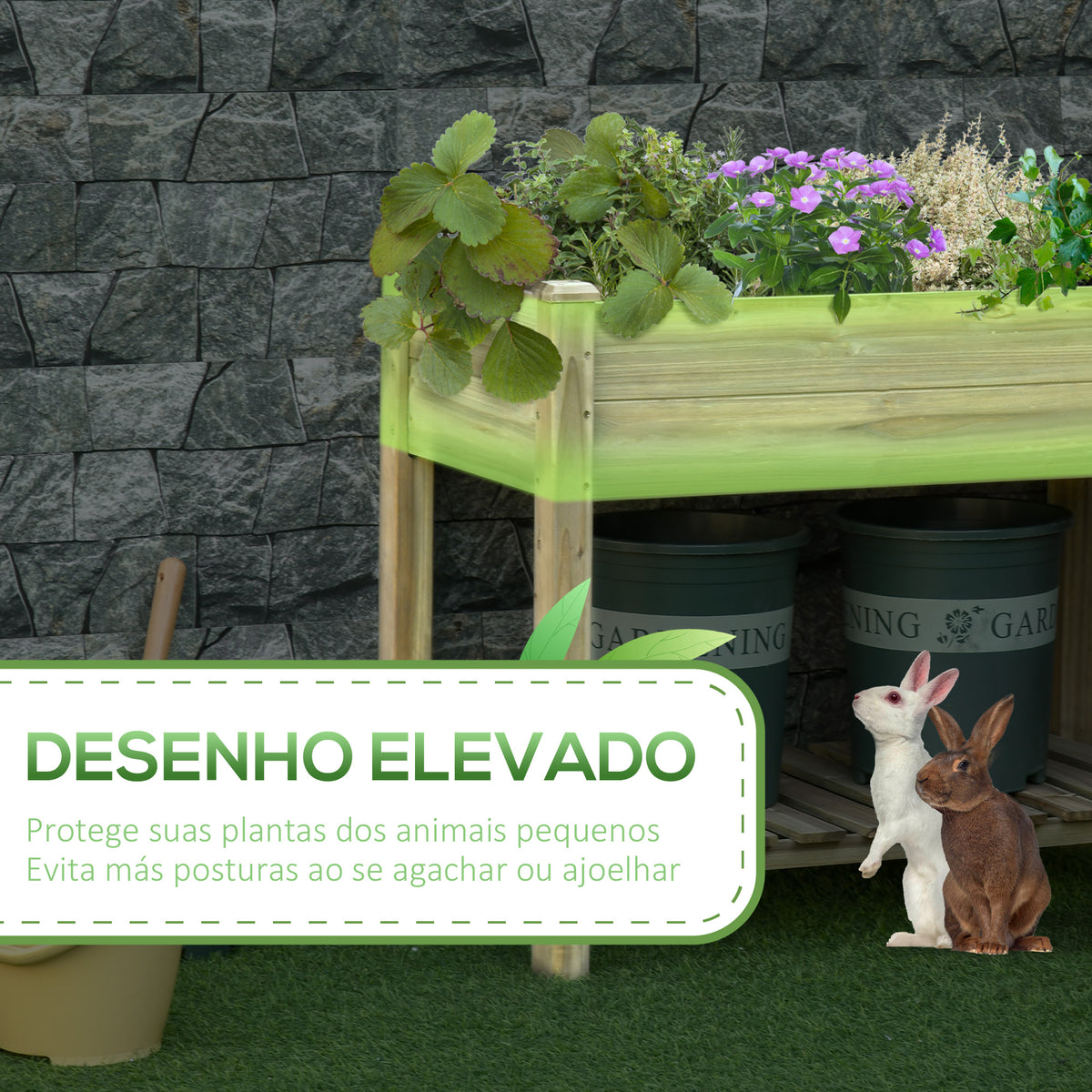 Horta Urbana de Madeira com Prateleira Mesa de Cultivo Retangular com Orifícios de Drenagem para Cultivos Plantas Jardim Terraço Exterior Carga 80 kg 91x51x76 cm Natural — foto 4