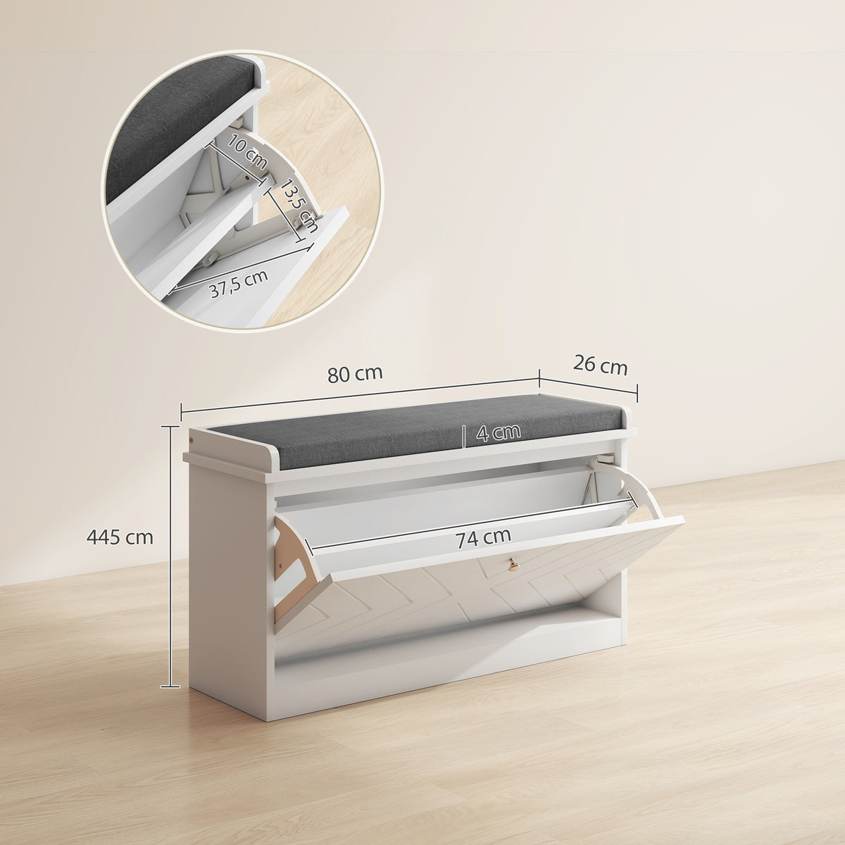Banco Sapateira Moderno Móvel Sapateira com Banco de Madeira com Prateleiras Ajustáveis e Almofada Acolchoada para 8 Pares de Sapatos para Entrada Corredor 80x26x44,5 cm Branco — foto 3