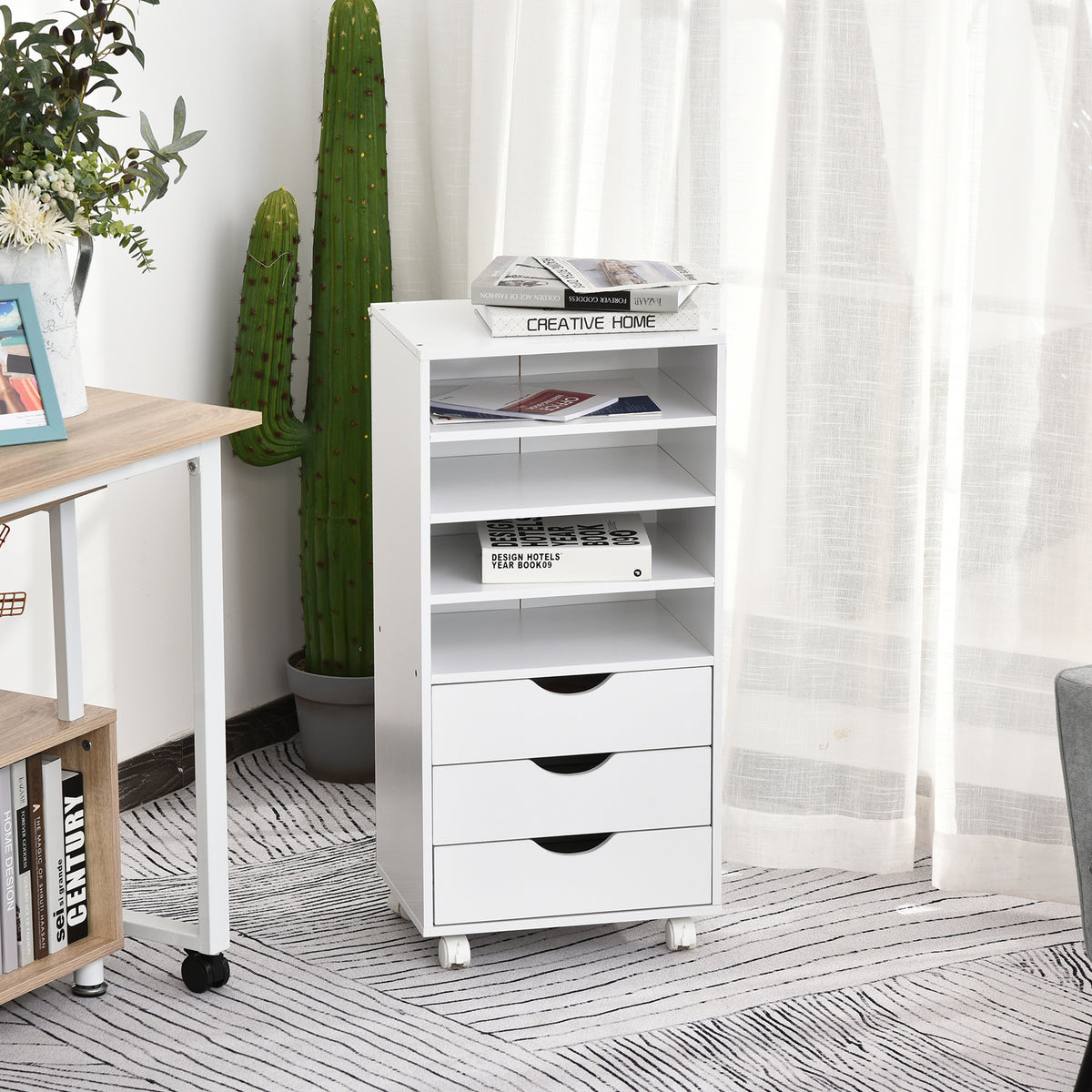 Móveis auxiliares para escritório Estudo Grande espaço de armazenamento com 3 gavetas 4 prateleiras abertas 4 rodas 40x30x83 cm Branco — foto 2