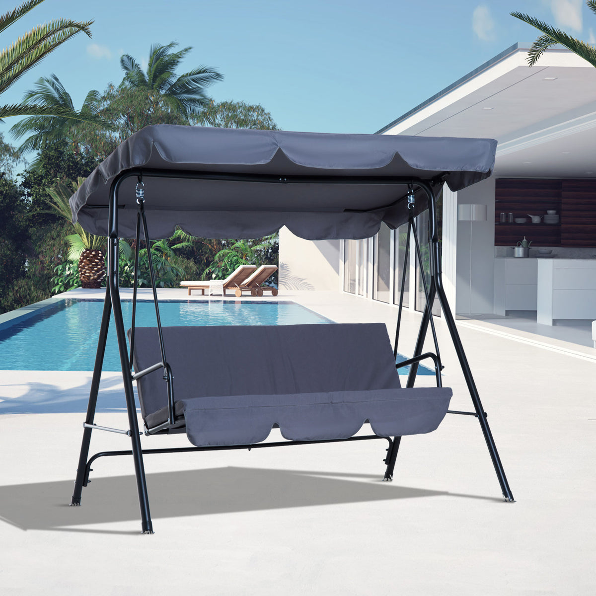 Baloiço de Jardim de 3 Lugares Baloiço com Teto Ajustável em Ângulo para Terraço Balcão Carga Máxima 200kg Aço 172x110x153cm Cinza — foto 2