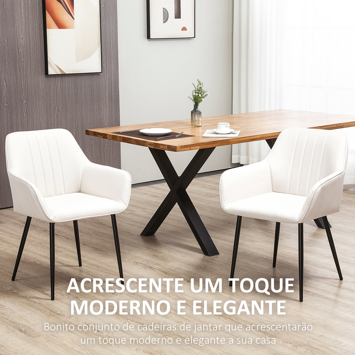 Conjunto de 2 Cadeiras de Sala de Jantar Estofadas em Linho Cadeiras de Cozinha com Encosto Apoio para os Braços e Pés de Metal 59,5x56,5x81 cm Bege Claro — foto 4