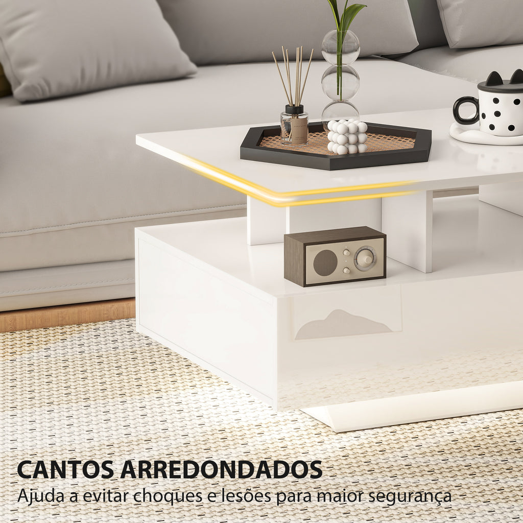 Mesa de Centro Moderna com LED Mesa de Centro com 4 Gavetas Prateleira Aberta e Luzes LED de 16 Cores para Sala de Estar 90x55x41 cm Branco Brilhante — foto 7