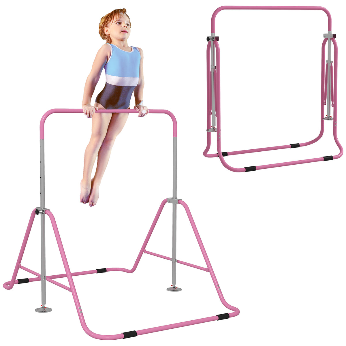 Barra de Ginástica Artística Barra Horizontal Dobrável com Altura Ajustável Equipamento de Ginástica para Treino em Casa para Crianças 154x106,2x88,5-128,5 cm Rosa — foto 1