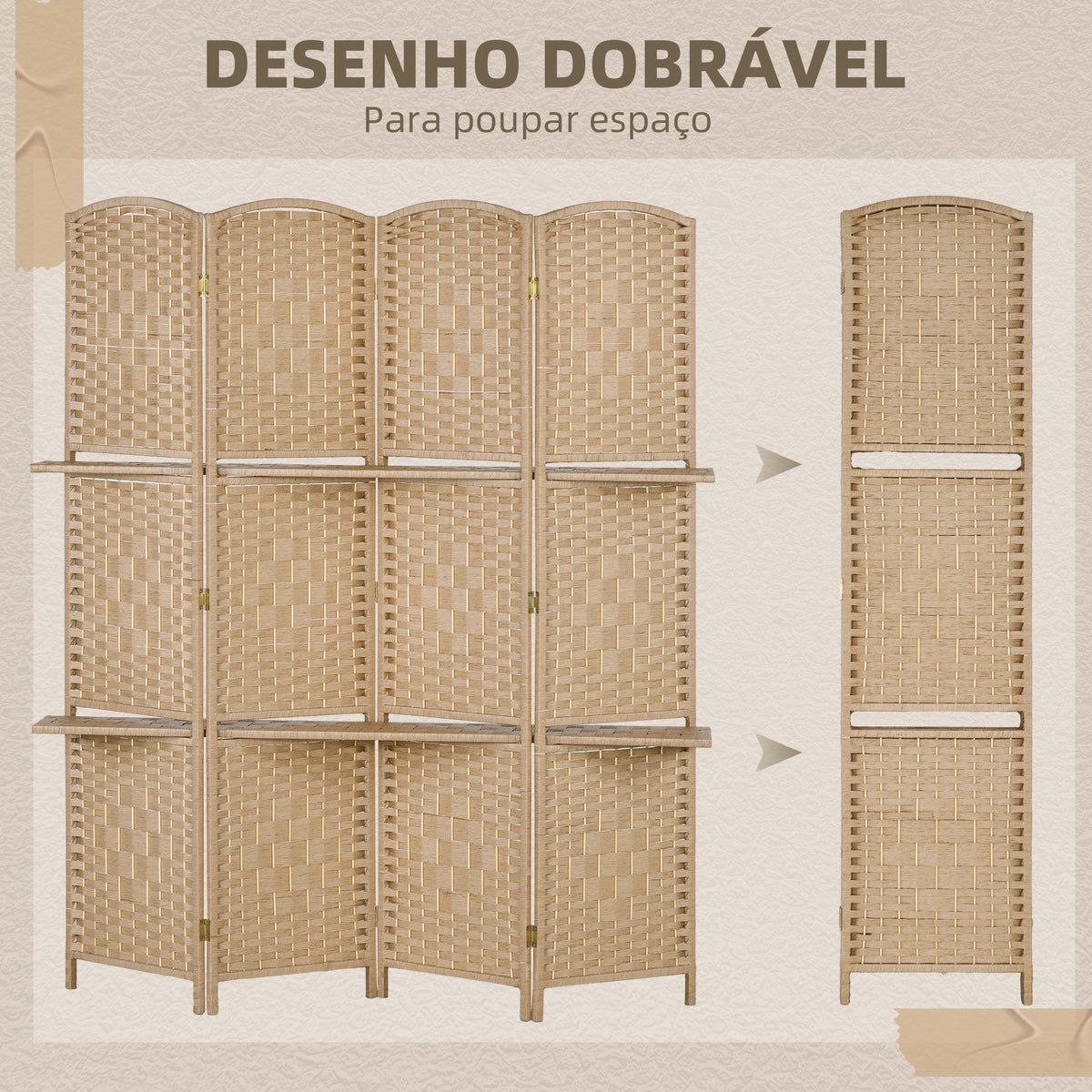 Biombo de 4 Painéis 160x170 cm Separador de Ambientes Dobrável com 2 Prateleiras de Exibição para Escritório Quarto Natural — foto 4