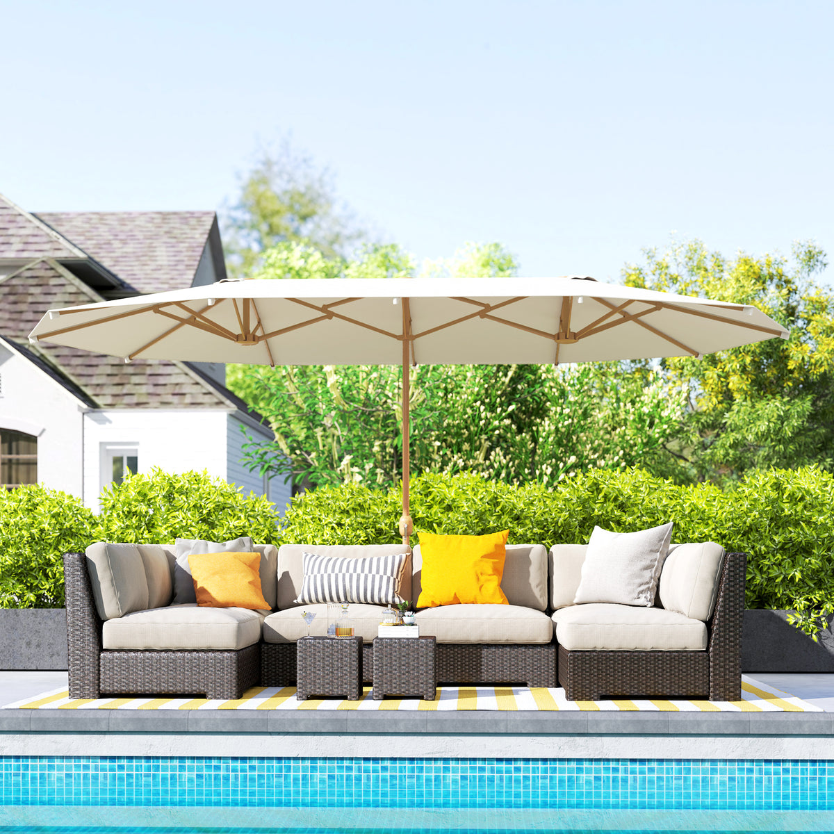Chapéu de Sol Duplo 4,55x2,65 m Chapéu de Sol de Exterior com Manivela Manual Resistente e com Proteção Solar Chapéu de Sol Grande para Jardim Piscina Bege — foto 2