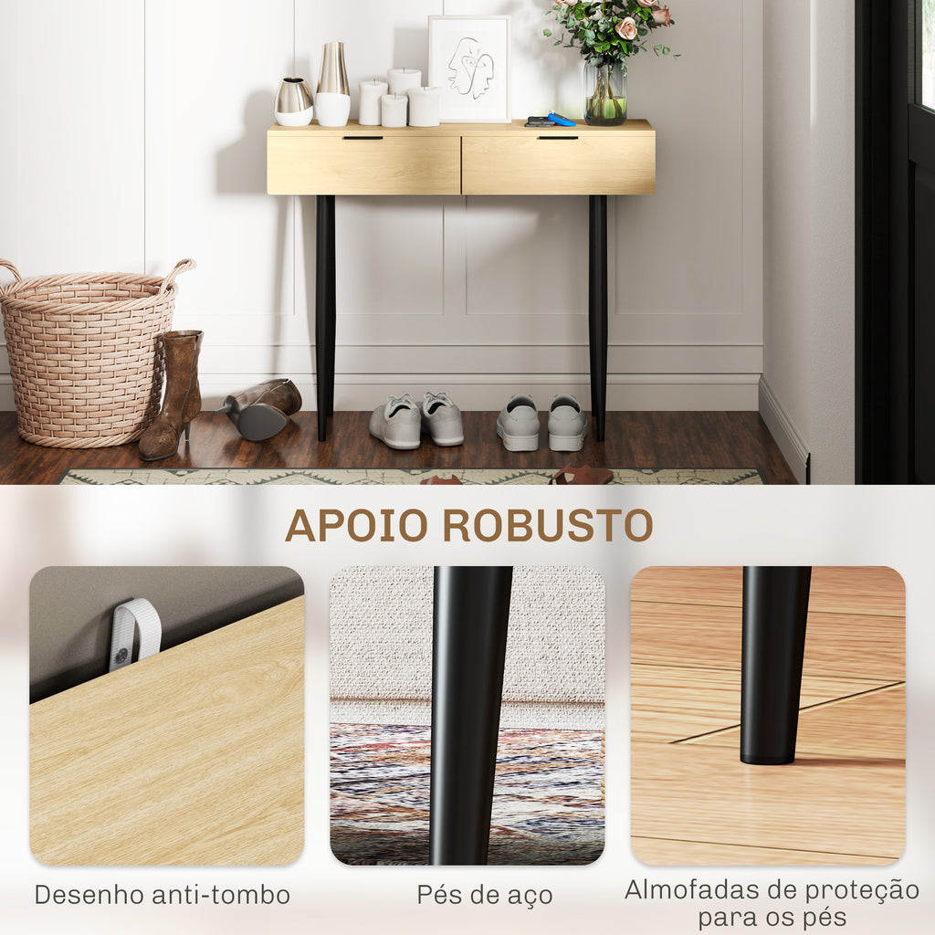 Mesa Consola Móvel para Entrada com 2 Gavetas e Pés de Aço Consola para Entrada Corredor 100x30x80,5 cm Carvalho — foto 6