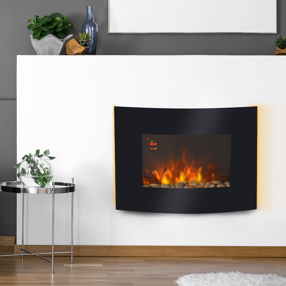 Lareira Elétrica de Parede com Efeito de Chamas Realistas e Luzes LED em 7 Cores com Controlo Remoto Potência 900W/1800W 65x11,4x52cm Preto — foto 2