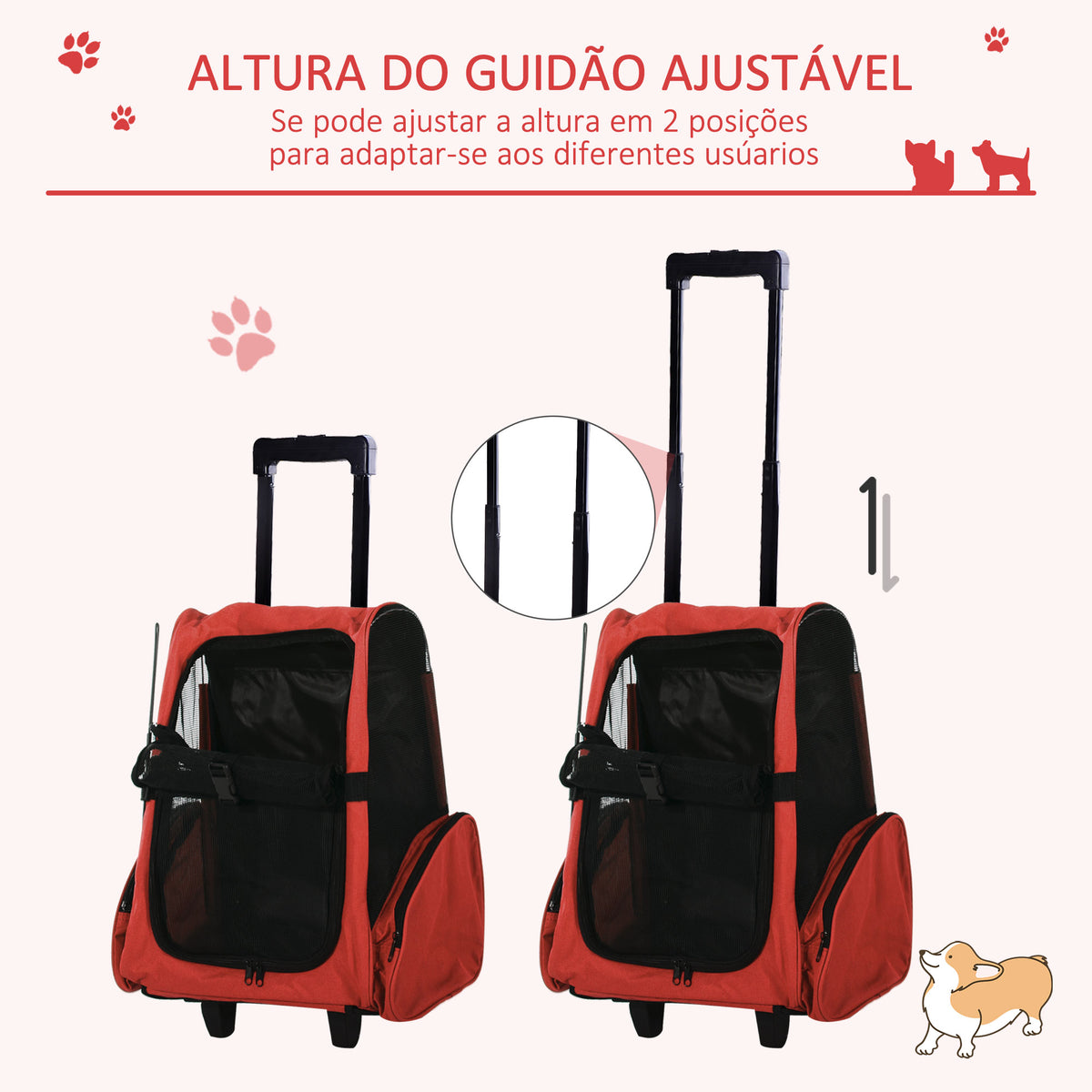 Transportadora 2 em 1 para Animais de Estimação Mochila ou Carrinho de Viagem para Cães e Gatos com 2 Rodas Alça Retrátil de Alumínio e Bolso de Armazenamento 42x25x55cm Vermelho — foto 5