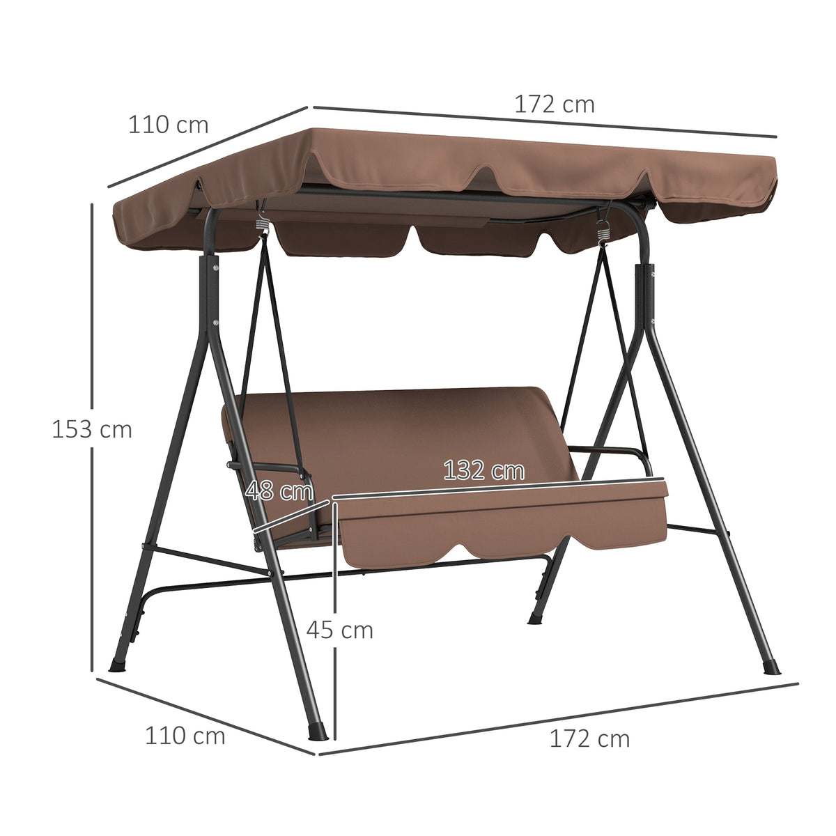Baloiço de Jardim de 3 Lugares com Almofada Toldo Ajustável e Estrutura de Aço para Balcão Terraço Patio Carga Máx. 200 kg 172x110x153 cm Marróm — foto 3