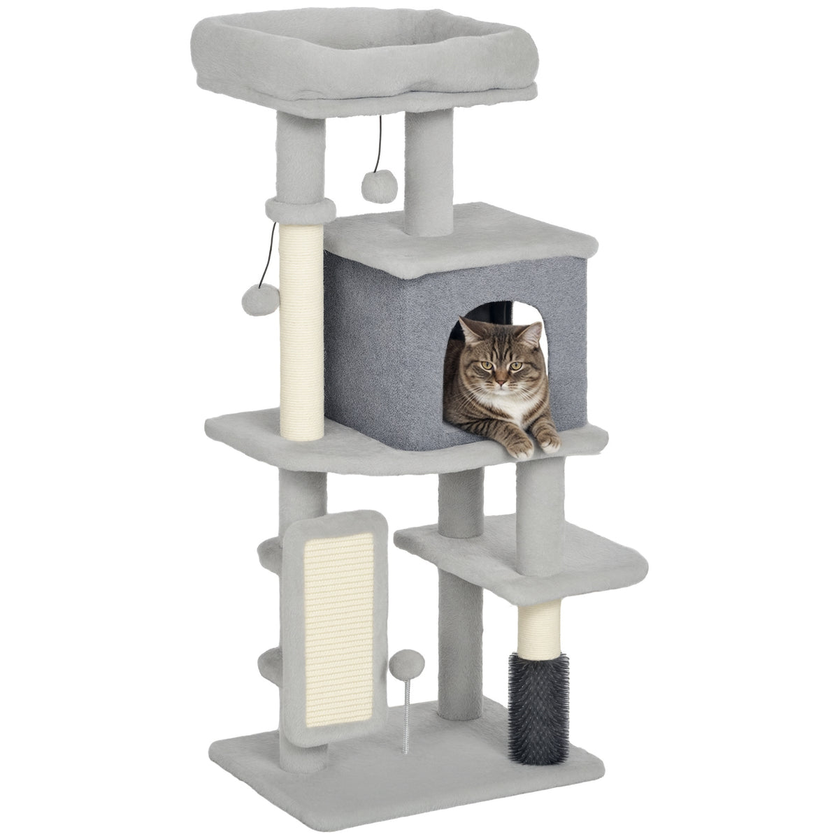 Arranhador para Gatos Grande Altura 104 cm Arranhador para Gatos com Plataformas Postes com Escova Bolas Suspensas e Almofadas para Arranhar Cinza — foto 1