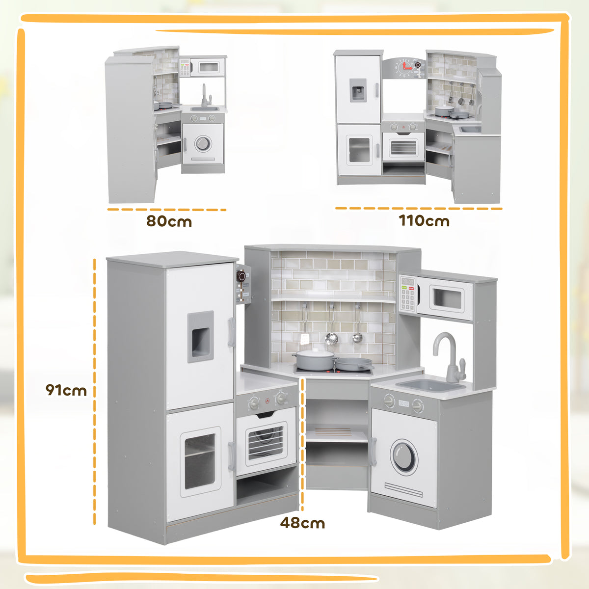 Cozinha de Madeira para Crianças acima de 3 Anos Cozinha de Brincar Infantil com Sons Fogão Forno Lavatório Micro-Ondas Máquina de Gelo e Acessórios 110x80x91 cm Cinza — foto 3