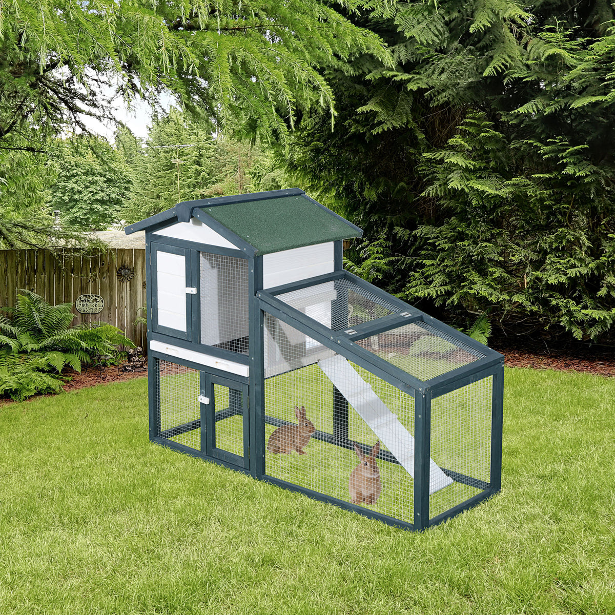 Gaiola de madeira para coelhos ao ar livre 2 níveis com bandeja removível e várias entradas telhado asfáltico Galinhas cobaias 140x65x100 cm Verde — foto 2