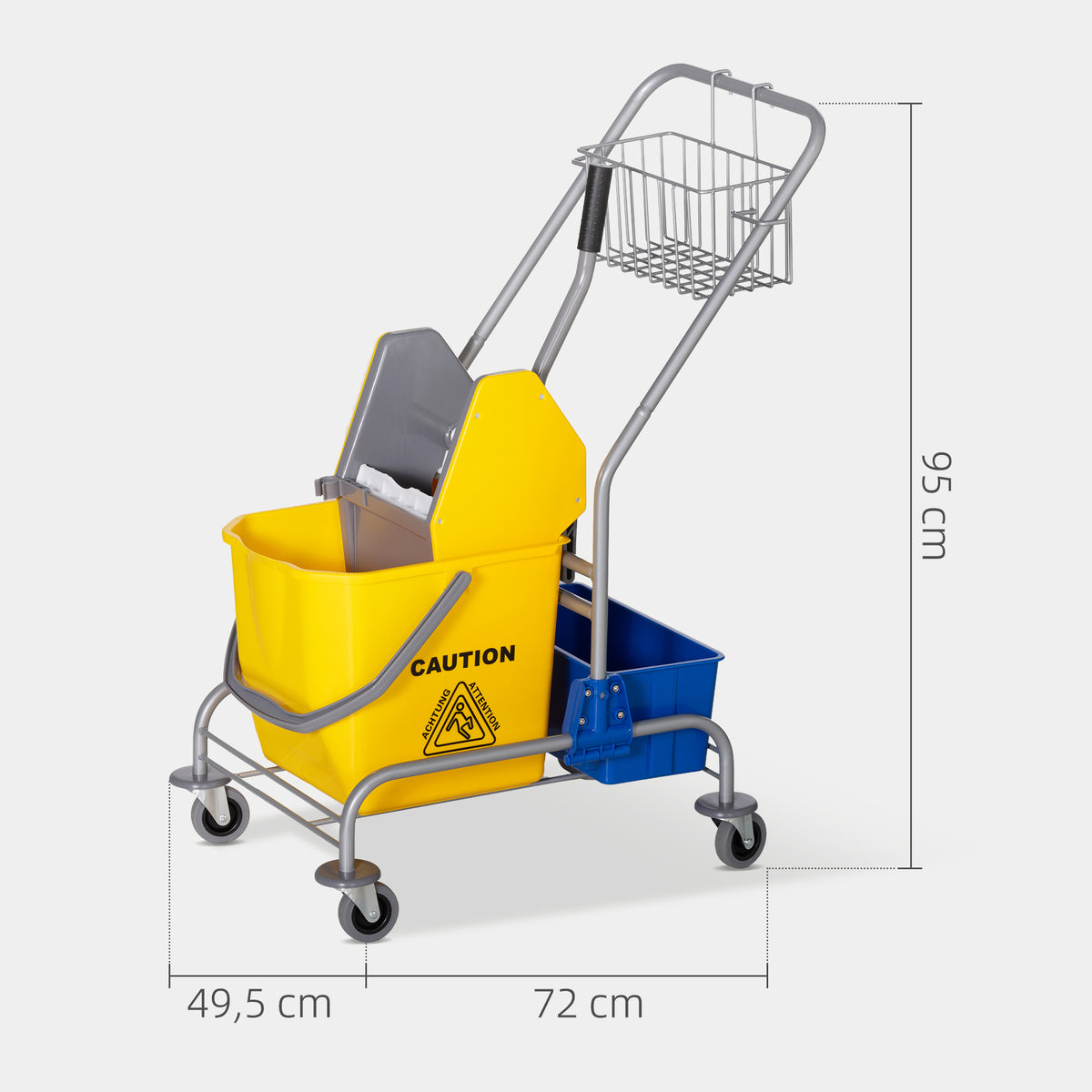 Carro de Limpeza Profissional Balde de Esfregona com Rodas Balde Removível de 25 Litros Espremedor de Pressão Cesto e Cubeta 72x49,5x95 cm Amarelo — foto 3