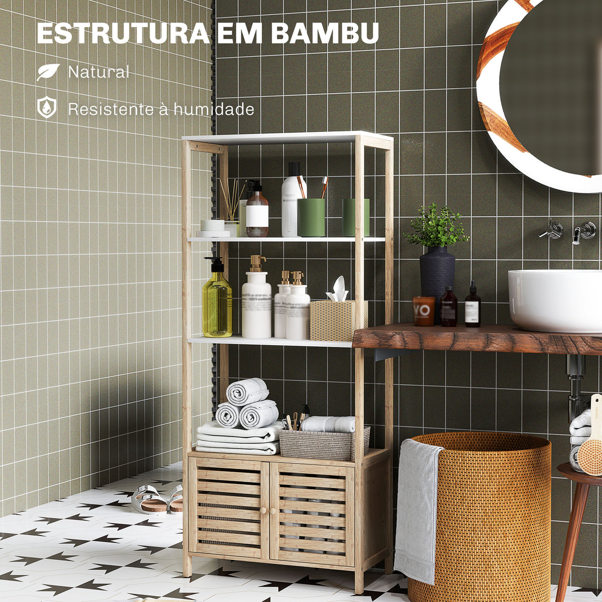 Estante para Casa de Banho de Bambu com 3 Prateleiras Abertas Estante de Arrumação Casa de Banho com Portas Ripadas 63x30x138 cm Madeira e Branco — foto 5