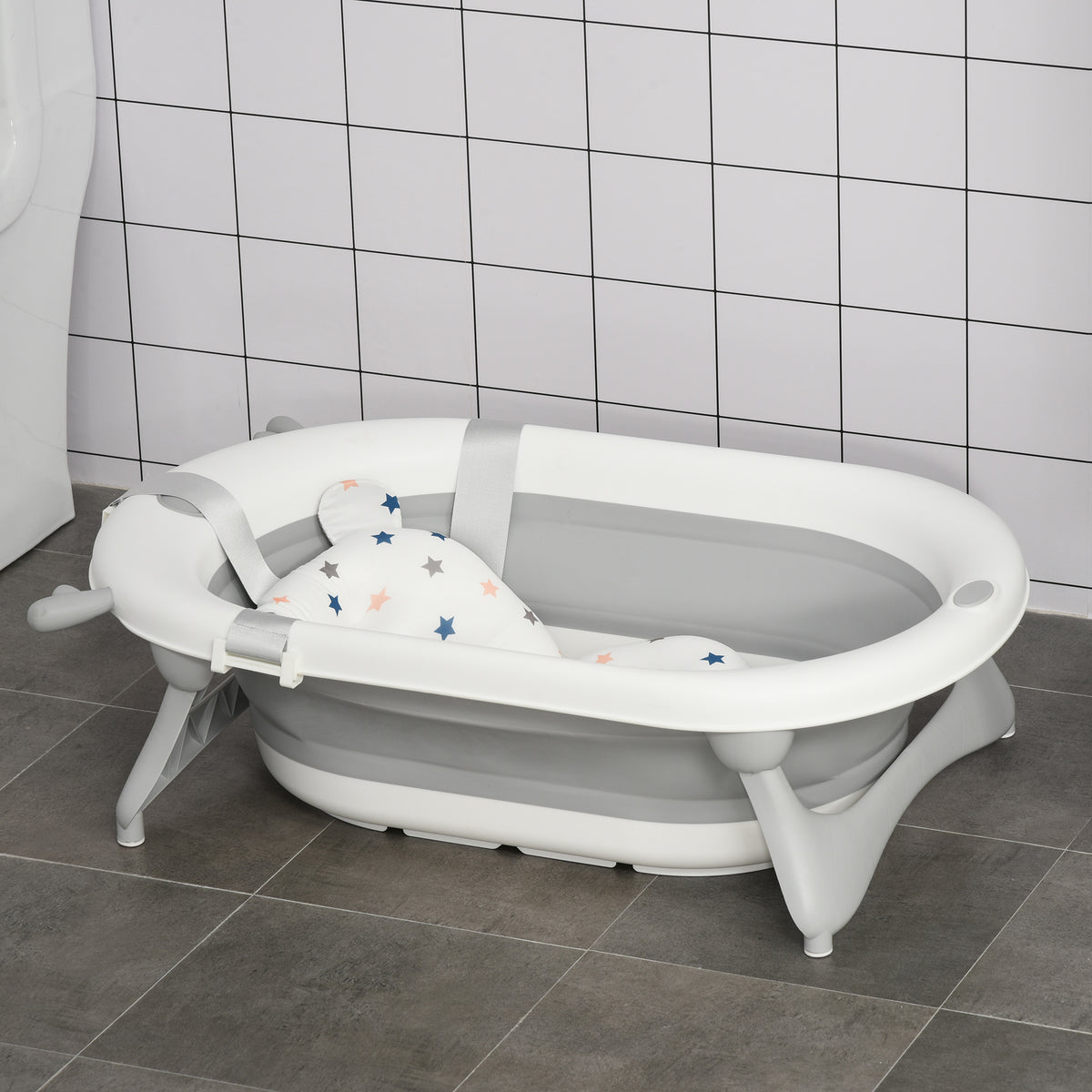 Banheira para Bebé Recém Nascido até 3 Anos Dobrável 30 Litros com Tampa Termossensível e Almofada Confortável Almofadas Antiderrapantes 81,5x50,5x23,5cm Cinza e Branco — foto 2