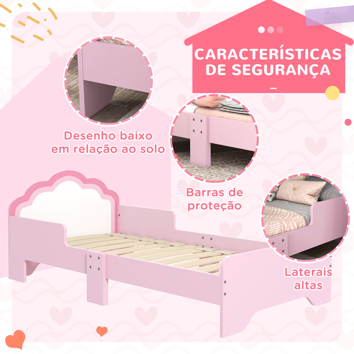 Cama para Crianças 70x140 cm com Barreira Antiqueda e Estrado Cama Infantil com Cabeceira em Forma de Nuvem Rosa — foto 5
