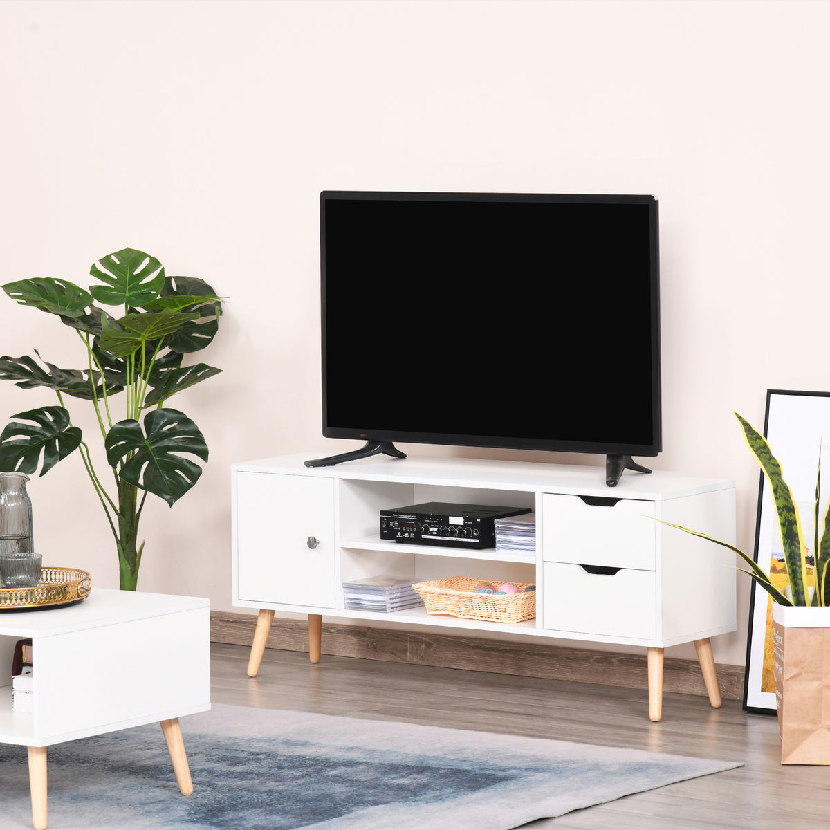 Armário de TV Grande armazenamento com armário prateleiras e gavetas abertas Carga 30 kg 120x28x44 cm Branco — foto 2