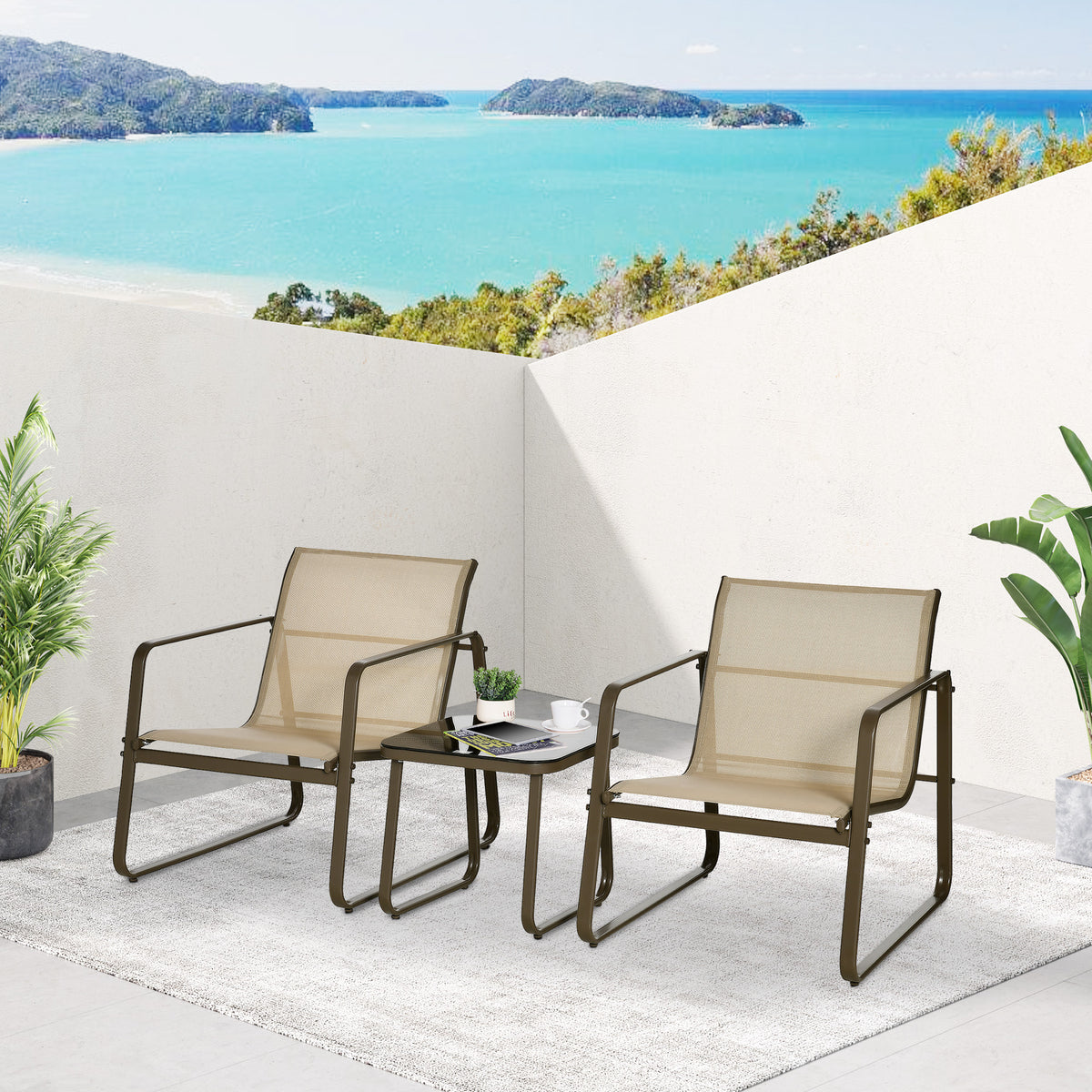 Conjunto de Móveis de Jardim 3 Peças Mesa de Vidro Temperado 43x43x41cm e 2 Cadeiras 62x78x75cm com Apoio para os Braços e Encosto Respirável para Terraço Balcão Bege — foto 2