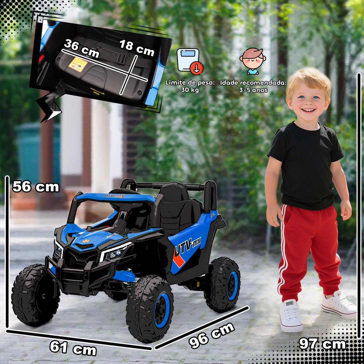Carro Elétrico para Crianças 12V UTV com 2 Motores Controlo Remoto 2,4G Velocidade até 7 km/h Sistema de Suspensão Faróis USB para Crianças acima de 3 Anos 96x61x56 cm Azul — foto 3