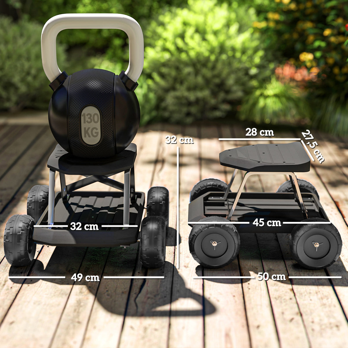 Assento de Jardim com Rodas Banco de Jardinagem com Bandeja de Ferramentas Carrinho de Trabalho Carga 130 kg para Pátio Exterior 50x49x32 cm Preto — foto 3
