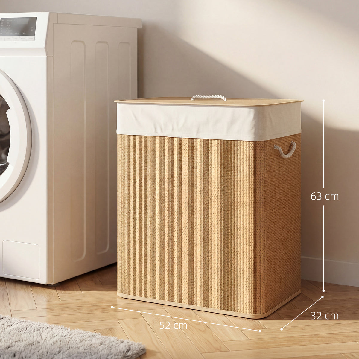Cesto de Roupa com Tampa 100L Cesto para Roupa Suja de Bambu com 2 Compartimentos Bolsa Interior Amóvivel para Lavandaria Casa de Banho 52x32x63 cm Madeira e Creme — foto 3