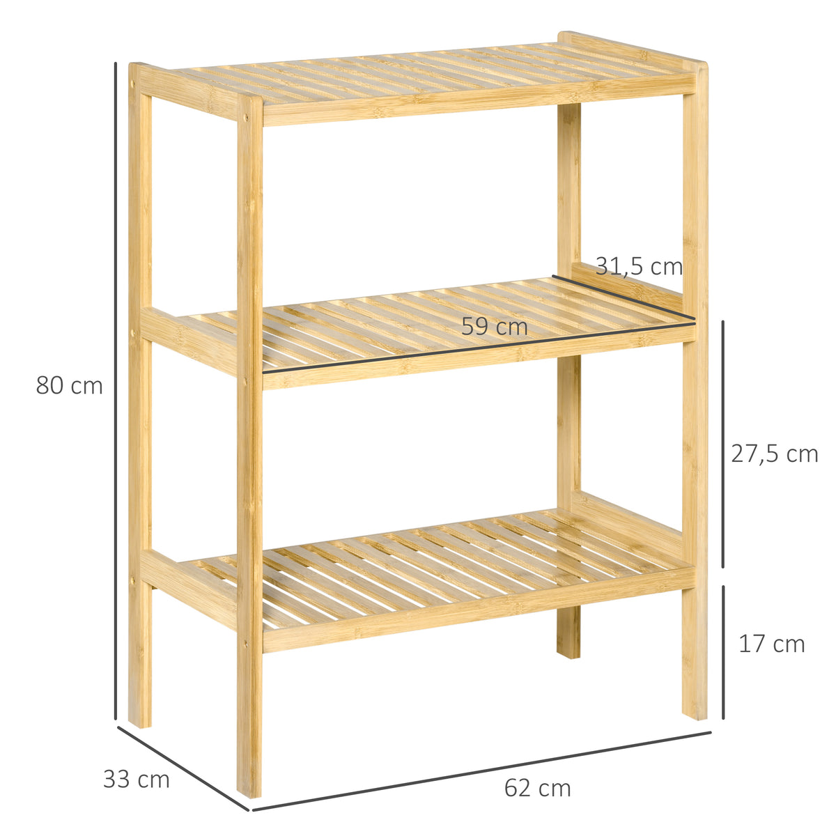 Estante de Bambu de 3 Níveis Móvel Organizador Multifuncional para Casa de Banho Cozinha Sala de Estar 62x33x80cm Natural — foto 3
