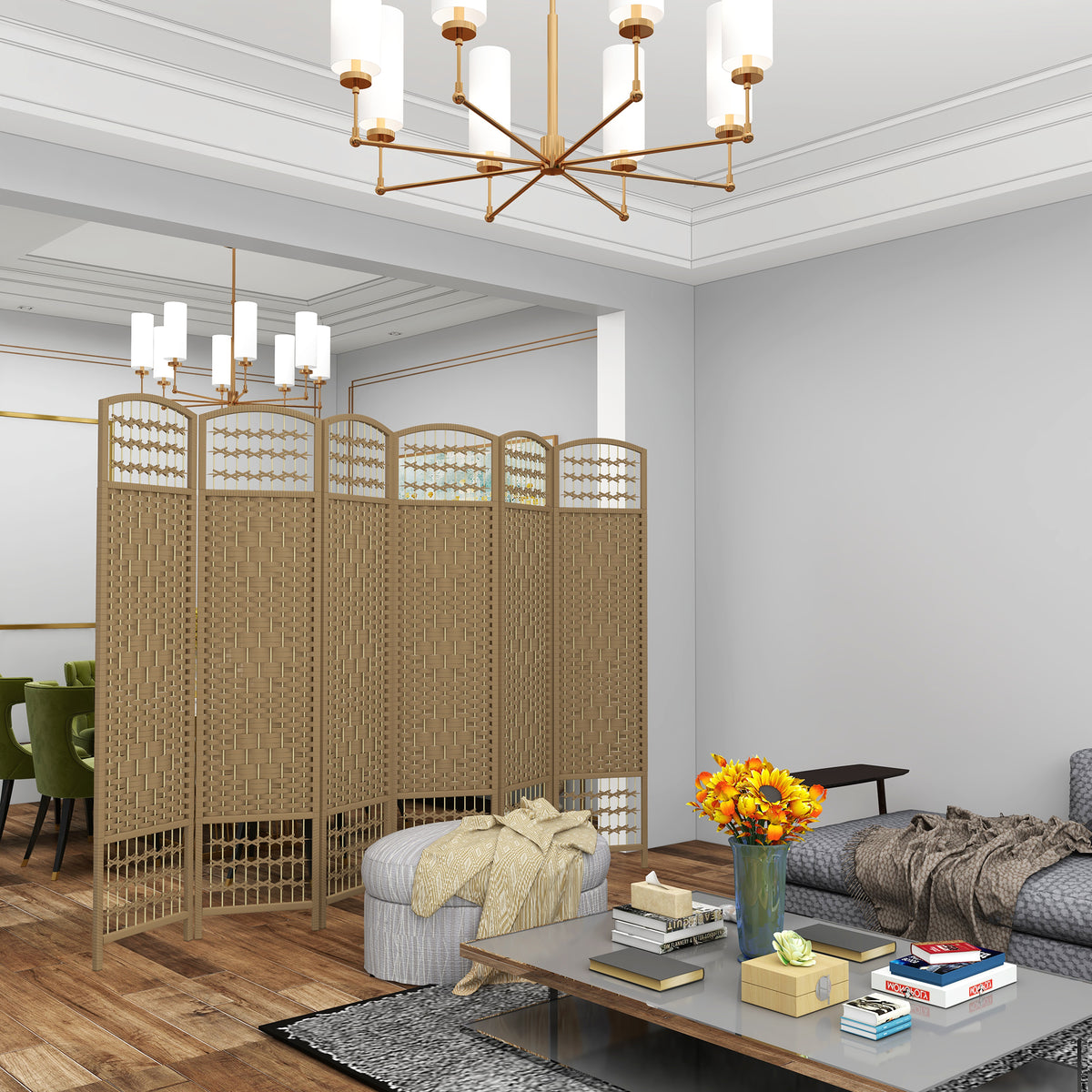Biombo Dobrável de 6 Painéis, 240x170 cm, Separador de Ambientes em Corda de Papel, Estrutura de Madeira, Decoração para Quarto e Sala, Natural — foto 2
