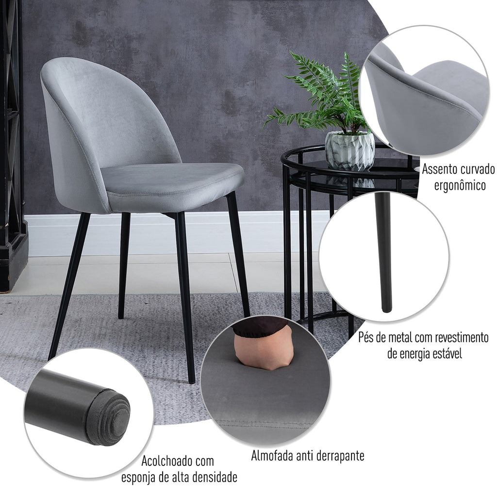 Conjunto de 2 Cadeiras de Sala de Jantar com Asento e Encosto Acolchoados Estofadas em Veludo Suave Desenho Moderno Carga Máxima 90 kg 49x50x77 cm Cinza — foto 7