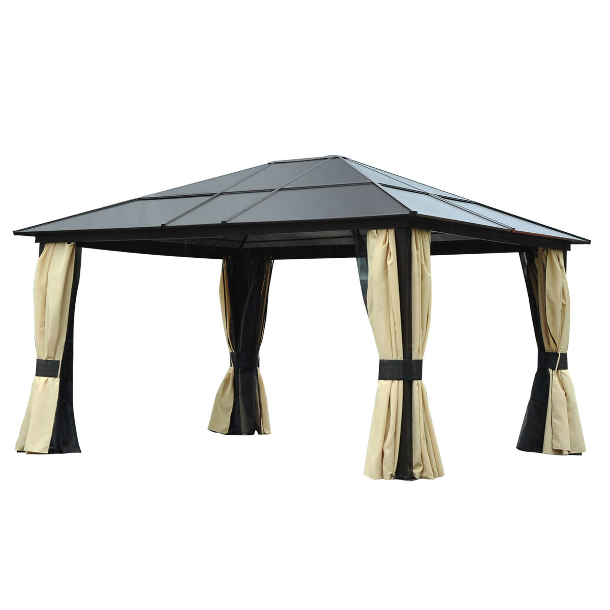 Pérgola de Jardim 4,3x3,6m Pérgola de Alumínio de Exterior com Teto de Policarbonato 4 Cortinas Laterais e 4 Telas Mosquiteiras com Zíper para Festas Eventos Marrom e Bege — foto 1