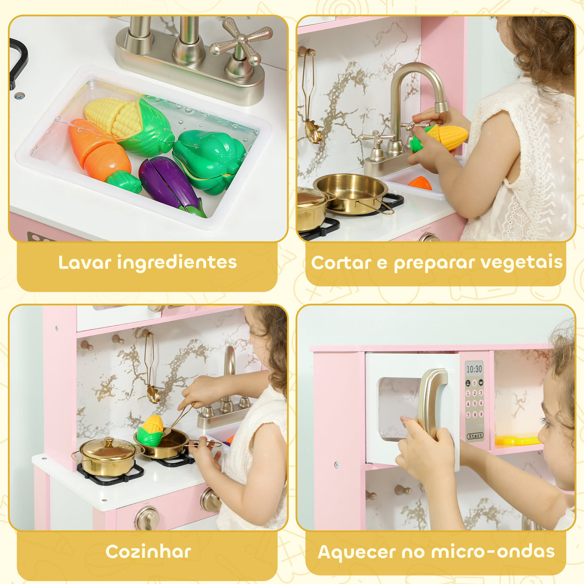Cozinha de Brincar em Madeira com Som Cozinha Infantil com Acessórios em Aço Inoxidável Micro-Ondas Forno Lava-Loiças Legumes para Cortar para Crianças a Partir de 3 Anos 55x24x96 cm Rosa — foto 5