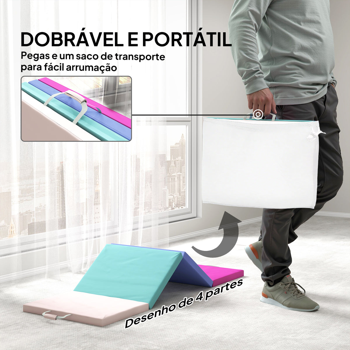 Tapete de Ginástica Dobrável com Espessura de 5 cm Tapete de Exercício com Pegas de Transporte e Bolsa Tapete de Ginástica para Yoga Aeróbica Artes Marciais 180x60x5 cm Multicor — foto 4