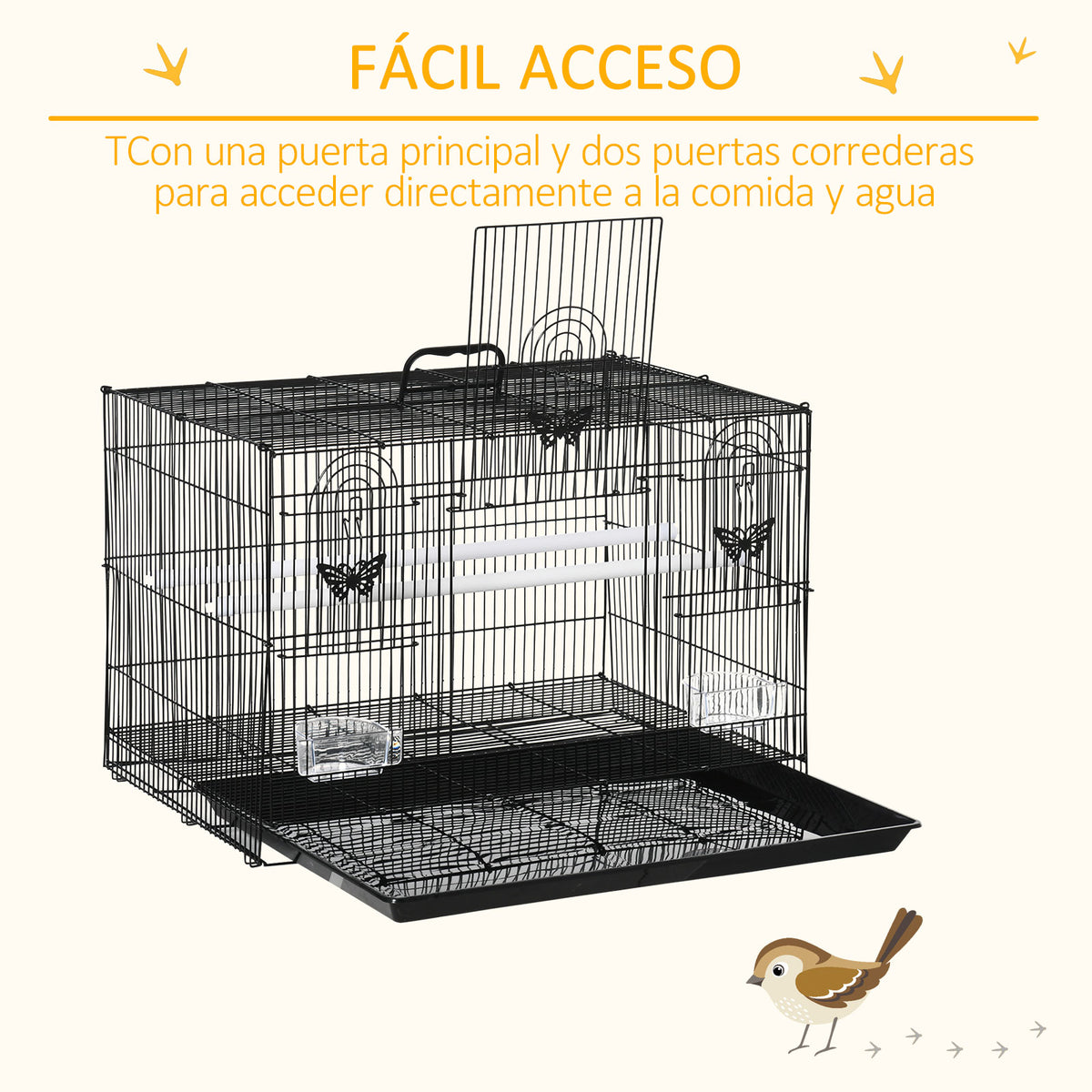 Gaiola para Pássaros 60x41x41cm Gaiola com 2 Poleiros e 3 Portas para Pássaros Pequenos Canários Preto — foto 4