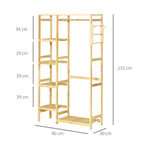 Suporte para Cabides de Bambu Cabideiro com Prateleiras de 4 Níveis com Barra Prateleira Inferior e Cabide Lateral para Roupas Bolsas 90x30x155cm Madeira — foto 3