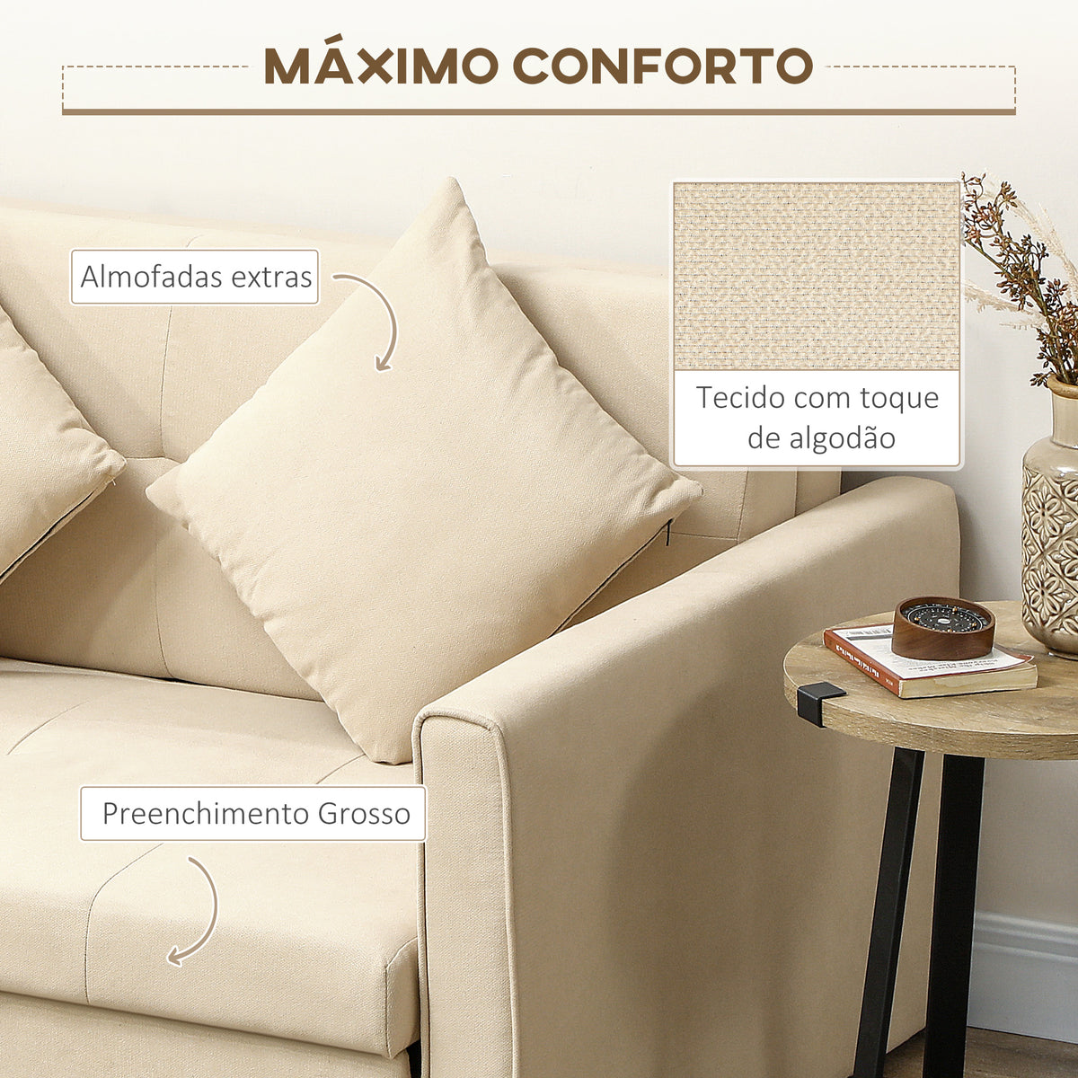 Sofá Cama de 2 Lugares Estofado em Algodão com 2 Almofadas Apoio para os Braços e Armazenamento Sofá Duplo Moderno para Sala de Estar Escritório 152x101x81 cm Bege — foto 6