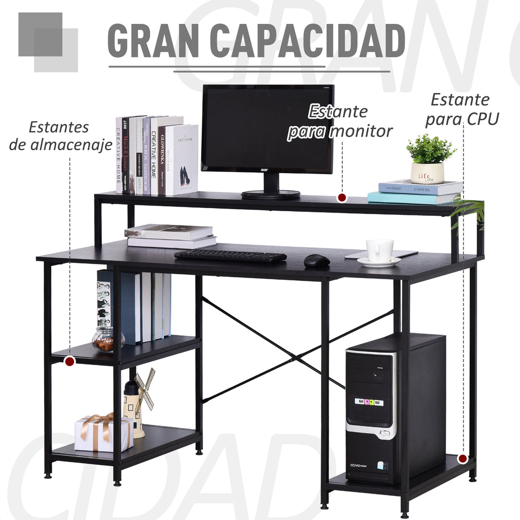Secretária para escritorio com 3 prateleiras Pernas com Almofadas Ajustáveis Anti-derrapante Estrutura de metal 140x60x93 cm Preto — foto 4