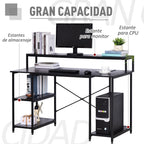 Secretária para escritorio com 3 prateleiras Pernas com Almofadas Ajustáveis Anti-derrapante Estrutura de metal 140x60x93 cm Preto — foto 4