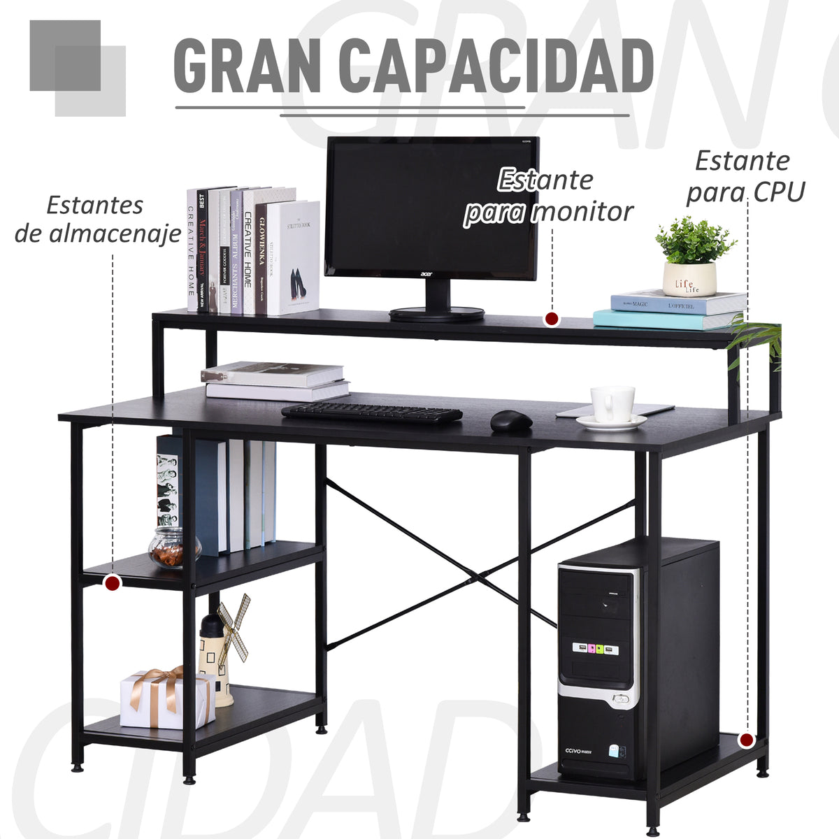 Secretária para escritorio com 3 prateleiras Pernas com Almofadas Ajustáveis Anti-derrapante Estrutura de metal 140x60x93 cm Preto — foto 4