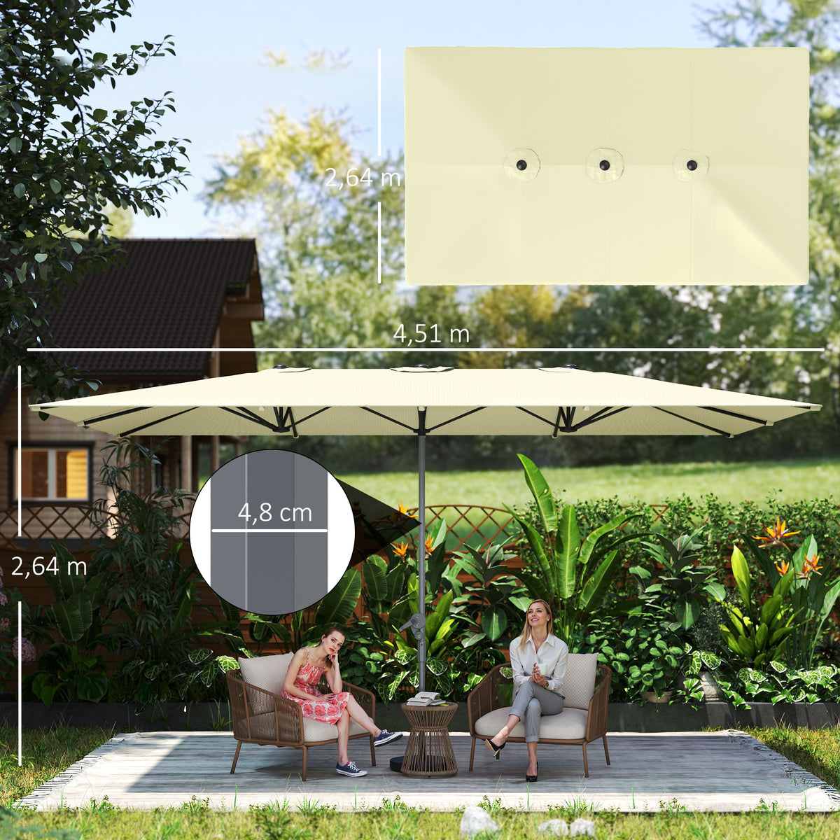 Chapéu de Sol Duplo 4,5x2,6 m Chapéu de Sol de Jardim com Manivela Mastro de Alumínio Impermeável e Proteção UV50+ Chapéu de Sol Grande para Exterior Piscina Creme — foto 3
