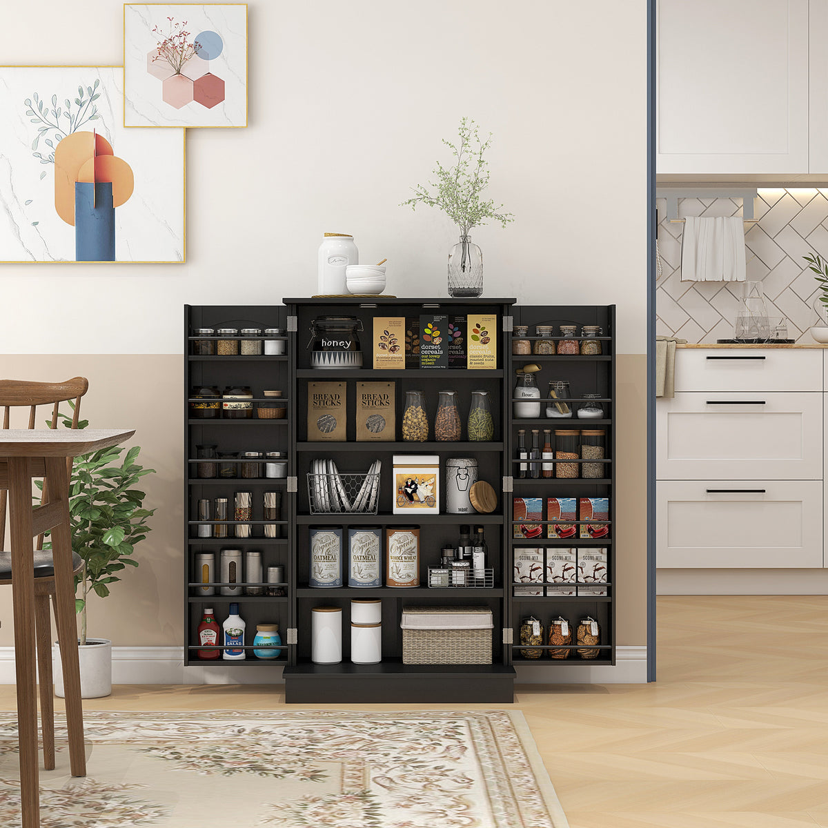 Armário de Cozinha Armário de Cozinha Alto com 2 Portas e 16 Prateleiras Armário de Cozinha Moderno com Prateleiras Ajustáveis para Sala de Jantar Sala 60x30x104 cm Preto — foto 2