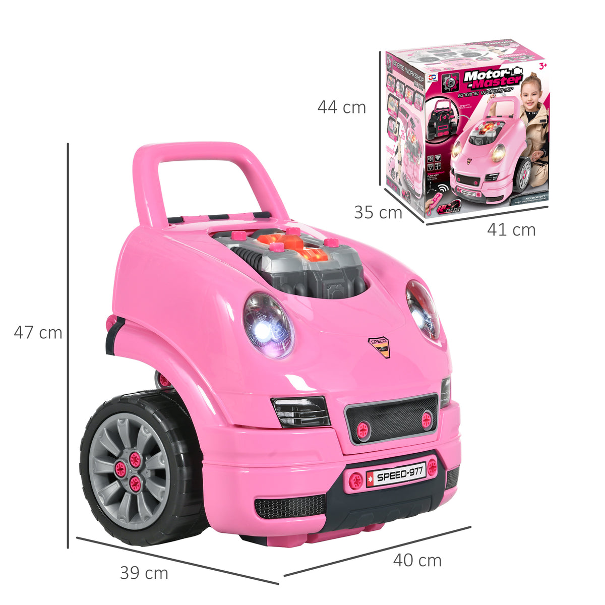 Motor de Caminhão para Crianças acima de 3 Anos Conjunto de Motor de Brinquedo com 61 Peças Volante Buzina Faróis Caixa de Armazenamento e Rodas 40x39x47 cm Rosa — foto 3