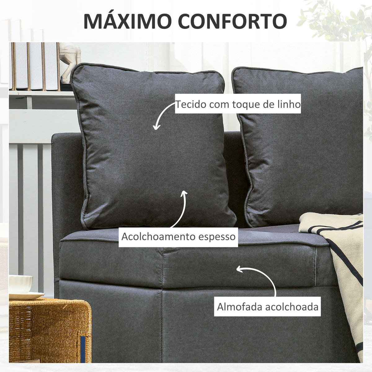 Sofá Cama 3 em 1 Sofá de 2 Lugares com Encosto Ajustável Sofá Cama Individual com Almofadas para Dormitório Sala de Estar 65x98x69 cm Cinzento — foto 4