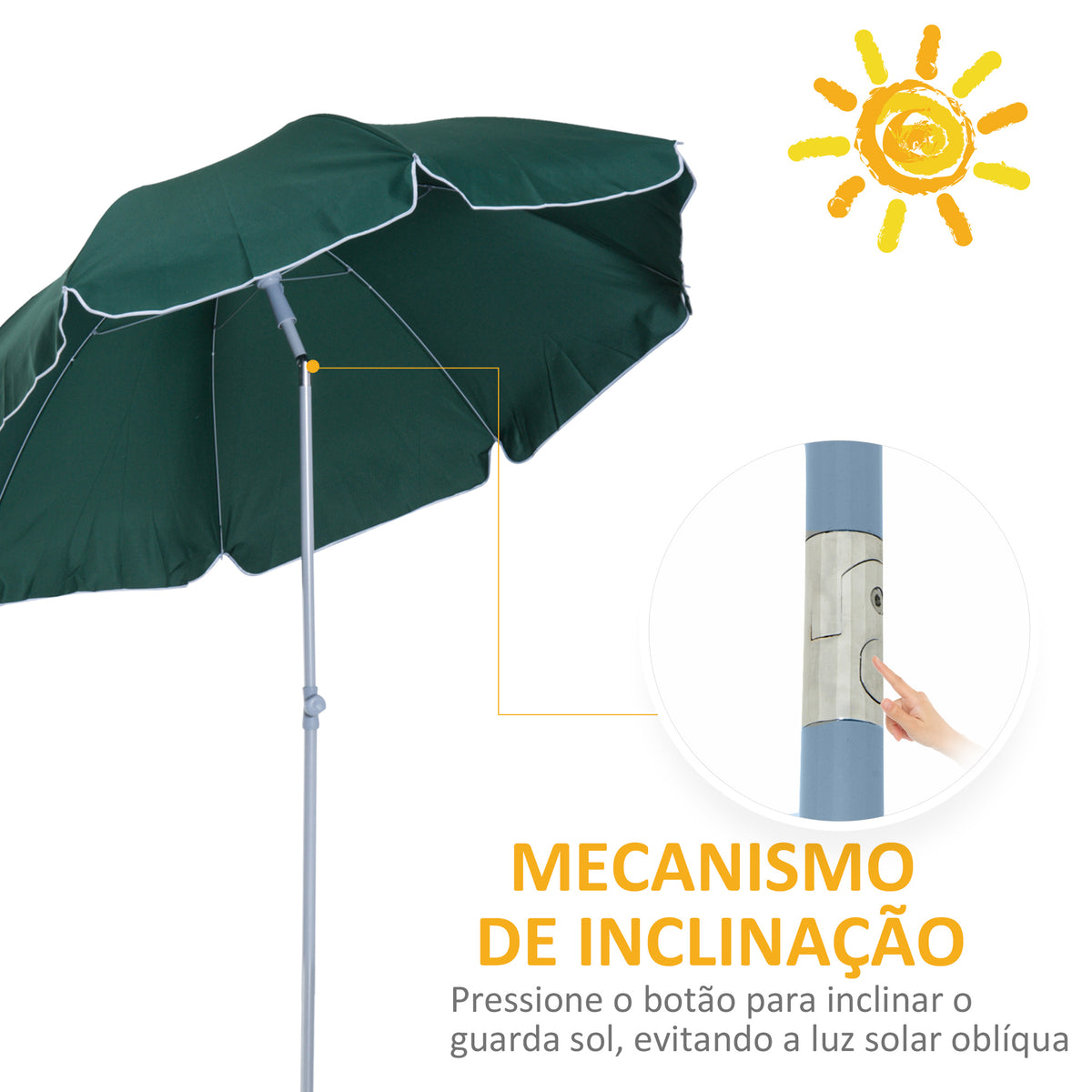 Chapéu de Sol de Praia Ø202 cm Chapéu de Sol com Toldo Inclinável Mastro Desmontável e Base Pontiaguda para Jardim Verde — foto 4